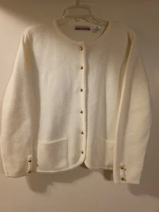 New Concepts Petite PM Eggshell/White Color Gold Button Front Acrylic Sweater  - Picture 1 of 7