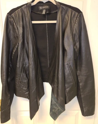 INC International Womens XL Cropped 100% Leather Jacket. Shawl Collar Open Black - Image 1 of 4