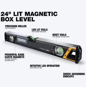TOUGHBUILT Aluminum 24-in 3 Vial Magnetic Box beam level Tool LED Vials - Picture 1 of 7