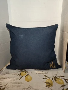 Ralph Lauren Dark Blue Denim Down Throw Pillow Gold Logo Zipper - Picture 1 of 2