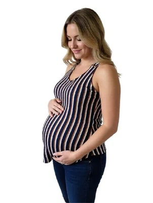 Tutta Bella maternity Top Sleveless strap Stripe Top Sz L Stretch Navy Blue  - Image 1 of 4
