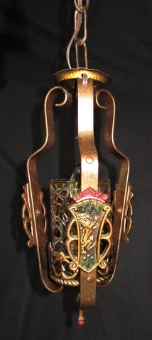 VTG MEDIEVAL GOTHIC METAL W/ CRACK GLASS SHADE PENDANT CHANDELIER FIXTURE 30's Cover
