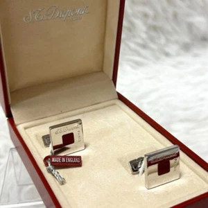 S.T.Dupont Cufflinks Silver/red Stainless steel Engraved Boxed - Picture 1 of 9