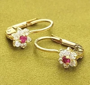 2Ct Floral Round Cut Created Red Ruby Drop Dangle Earring 14K Yellow Gold Plated - Picture 1 of 4