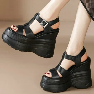 Womens Plus Size 46 Cow Leather High Heel Sandals Wedges Pumps Big Size 47 Shoes - Picture 1 of 13