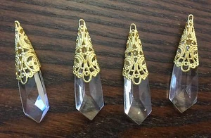 Vintage Large Gold Fancy Filigree Capped Clear Faceted Prism Lucite Drops Lot - Picture 1 of 6