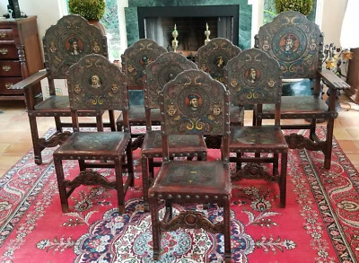 8 SILLA ANTIGUA ESPAÑOLA 19c trabajada a mano en relieve pintada cuero tallado nogal Foto 1 de 4