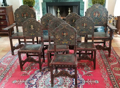 8 ANTIQUE 19c SPANISH HAND TOOLED EMBOSSED PAINTED LEATHER CARVED WALNUT CHAIR Cover