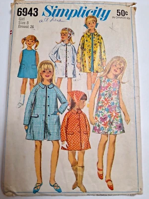 Dress Coat Scarf Girls 8 Simplicity 6943 Sewing Pattern Cut VTG 60s A Line Mini - Image 1 of 4