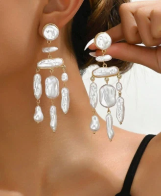 White Baroque Pearl Clip On Earrings Long Drop Dangle Chandelier - Image 1 of 4