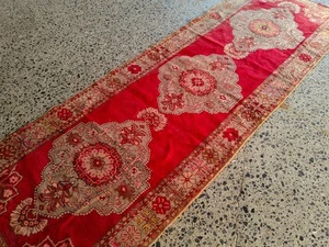 3.3x10.2 ft Vintage Turkish Runner Rug – Red Handmade Wool Medallion Carpet - Picture 1 of 19