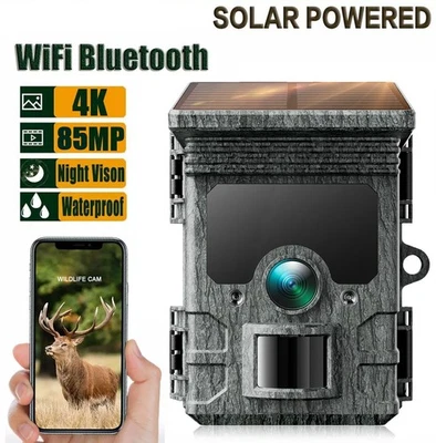 Solar Wiederaufladbare Wildkamera 4K 85MP WLAN Bluetooth Kamera  Nachtsicht Akku - Bild 1 von 4