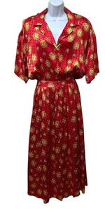 Vintage Retro 80er 100 % Seide himmlische Sonne Mond rot Midi Shirt Kleid Gr. 12 - Bild 1 von 11