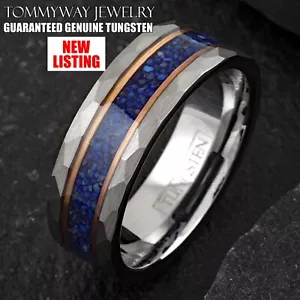 Tungsten Carbide Blue Lapis Lazuli Rose Gold Stripe Plated Wedding Band Ring - Picture 1 of 13