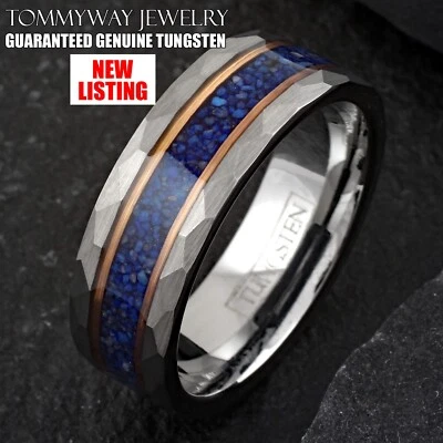 Tungsten Carbide Blue Lapis Lazuli Rose Gold Stripe Plated Wedding Band Ring - Image 1 of 4