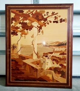GROSSE SELTENE VINTAGE GRIECHISCHE SZENE INTARSIEN HOLZ GESCHNITZT & LACKIERT KUNST PLAKETTE - Bild 1 von 5