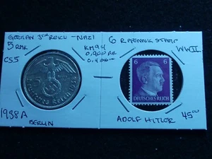 CS5: GERMAN 3rd Reich, Nazi, Silver Large Swastika 5 Mark, 6 PF , Hitler Stamp - Picture 1 of 2