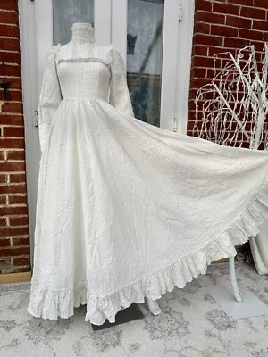 Size 16 Vintage Laura Ashley Seersucker Prairie High Neck Maxi Dress 70s Wales - Image 1 of 4