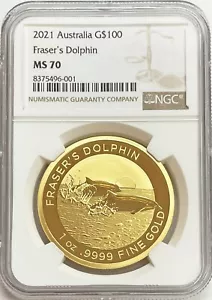 2021 GOLD AUSTRALIA $100 FRASERS DOLPHIN 1 OZ 250 MINTED COIN NGC MINT STATE 70 - Picture 1 of 2
