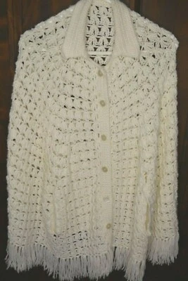 Vintage White Hand Crocheted Shawl Poncho with Buttons, Slits for Arms Cozy Boho - Image 1 of 4