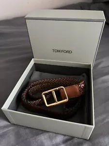 TOM FORD 3CM T-BUCKLE WOVEN LEATHER BELT IN TAN/GOLD EU 90 32" RRP £790.00 - Picture 1 of 9