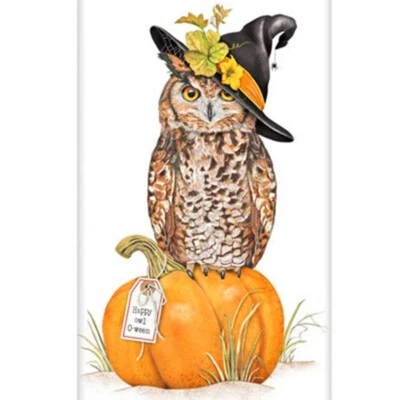 Mary Lake-Thompson Pumpkin Owl with Witch Hat Halloween Flour Sack Kitchen Towel