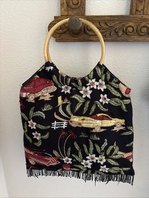 Bolso Cartera de Tela Vintage Boho Floral Años 50 Coches Asas de Bambú y Estilo de Cuentas Foto 1 de 2