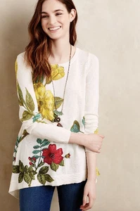 Anthropologie Tunika Gr. L gestrickt und geknotet Baumwolle Blumen asymmetrisch Strick - Bild 1 von 9