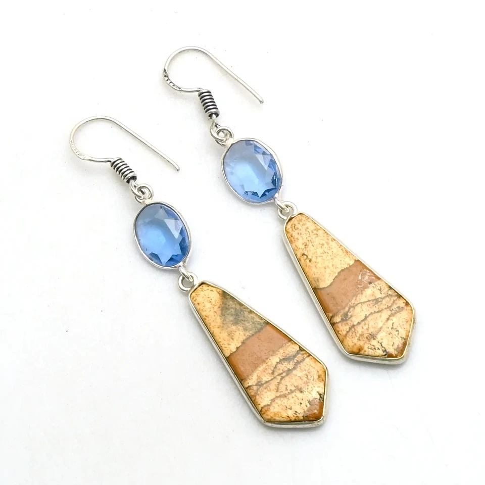 Picture Jasper Blue Topaz Gemstone Drop Dangle Earrings Jewelry Gift 2" AE-92119 - Image 1 of 1