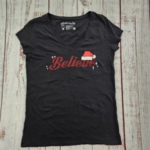 Believe Christmas Santa Hat Black Short Sleeve Cotton V-Neck T-Shirt Women's L - Picture 1 of 8