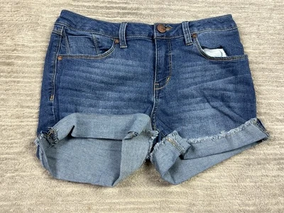 Pantalones cortos de mezclilla para mujer 1822 8 azules corte dobladillo crudo mezcla de algodón Foto 1 de 4