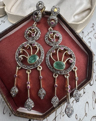Wien um 1900, Ohrringe, antik, Diamanten, Rubine, Smaragd, Silber, Jugendstil - Bild 1 von 4