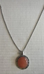 Coral Cabochon Pendant Necklace Silver Tone Setting 30” Inch Chain Unbranded - Picture 1 of 5