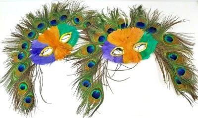 Halloween Warrior Purple Green and Gold Peacock Mardi Gras Masks Set Of 2 - Image 1 of 4