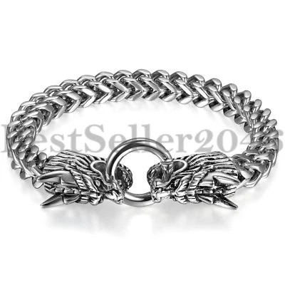 Pulsera de cadena gótica grande de motociclista para hombre de acero inoxidable pulido con bordillo de dragón de 8,3" Foto 1 de 4