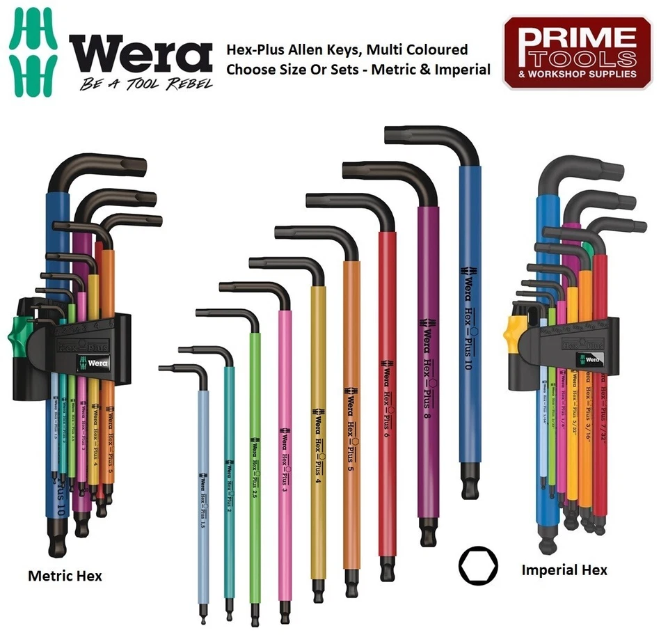 Wera Hex-Plus Multi Colour Ball-End Hex Allen Key Metric / Imperial -Choose Size - Image 1 of 1