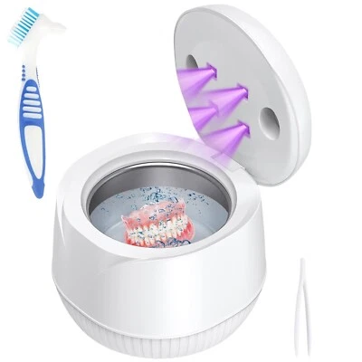Limpiador de dentaduras con retenedor ultrasónico 45KHz, limpiador UV portátil 200ML para dentaduras postizas Foto 1 de 4