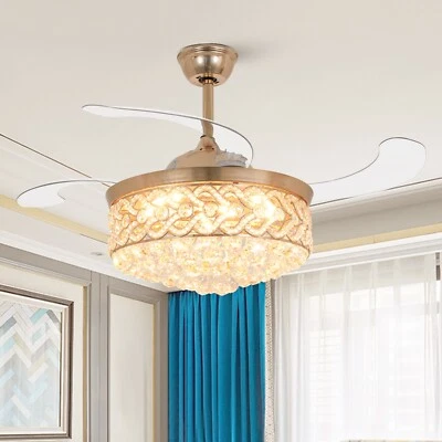 42" Luxury Invisible Ceiling Fan Light Crystal LED 3-Color Chandelier+Remote - Image 1 of 4