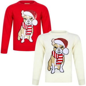 Kids Girls Christmas Jumper Santa Dog Novelty Sequinned Xmas Sweater Pullover - Picture 1 of 7