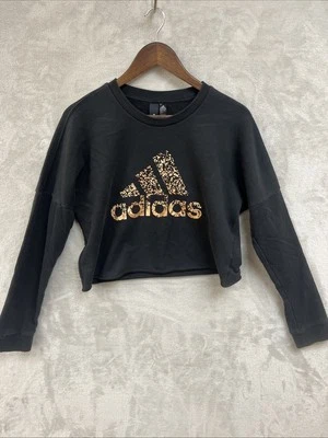Adidas Cropped Sweatshirt Women’s S Black Graphic Pullover Gold Logo Athletic - Image 1 of 4