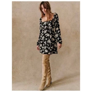 Sezane Robe Carola Floral Dress Women’s 14 Black Long Sleeve Viscose New - Picture 1 of 14