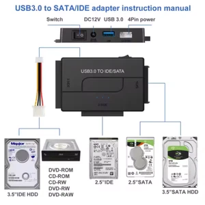 Adapter USB 3.0 auf SATA IDE 2.5" 3.5" HDD SSD Festplatte CD DVD ROM + Netzteil - Bild 1 von 4