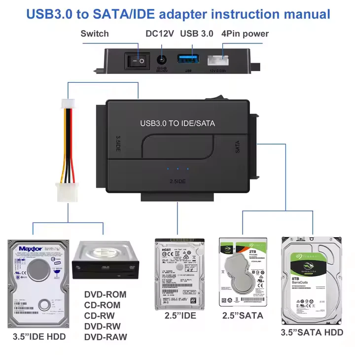 Adapter USB 3.0 auf SATA IDE 2.5" 3.5" HDD SSD Festplatte CD DVD ROM + Netzteil - Bild 1 von 4