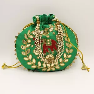 Traditional Green Potli Bag Wedding Party Favor & Gift Ethnic Handbag Wedding - Picture 1 of 3