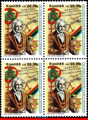 2131 BRASIL 1988 JOSE BONIFACIO, EMBLEMAS MASÓNICOS, MASONERÍA MI# 2248 BLOQUE MNH Foto 1 de 2