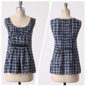 Anthropologie Odille Silk Blouse Sleeveless Shell Scoop Neck Blue Print Top 8 - Picture 1 of 11
