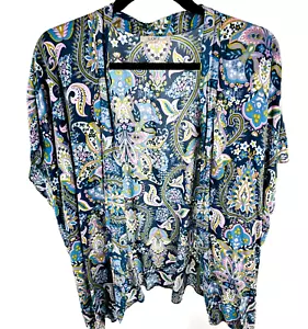 Loft Kimono Women Sz M/L Green Blue Pink Flowy Paisley Longline Layering Top - Picture 1 of 7