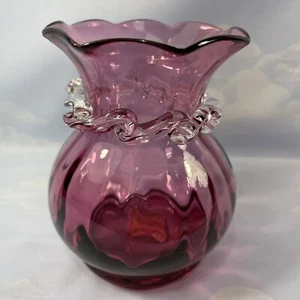 Vtg Pilgrim Glass Cranberry Vase with Clear Applied Rigaree Collar 4” - Picture 1 of 6