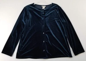 VTG Kathie Lee Button Up Shirt Women's 14W 16W Dark Blue Velour Long Sleeves Top - Picture 1 of 10