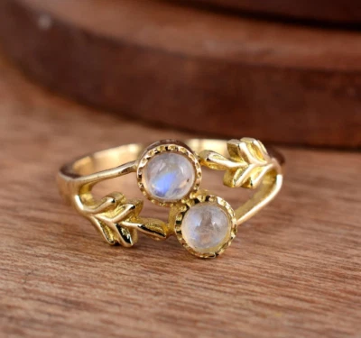 Hermoso anillo natural de dos piedras lunares de oro macizo de 10K hecho a mano tamaño disponible Foto 1 de 4